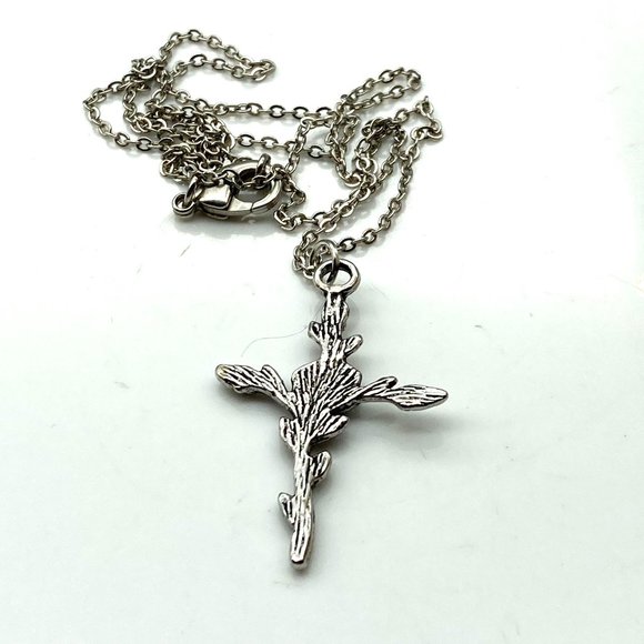 Cross and Rose Pendant Necklace, Gothic Minimalist on Delicate Silver Tone Chain - Picture 4 of 4